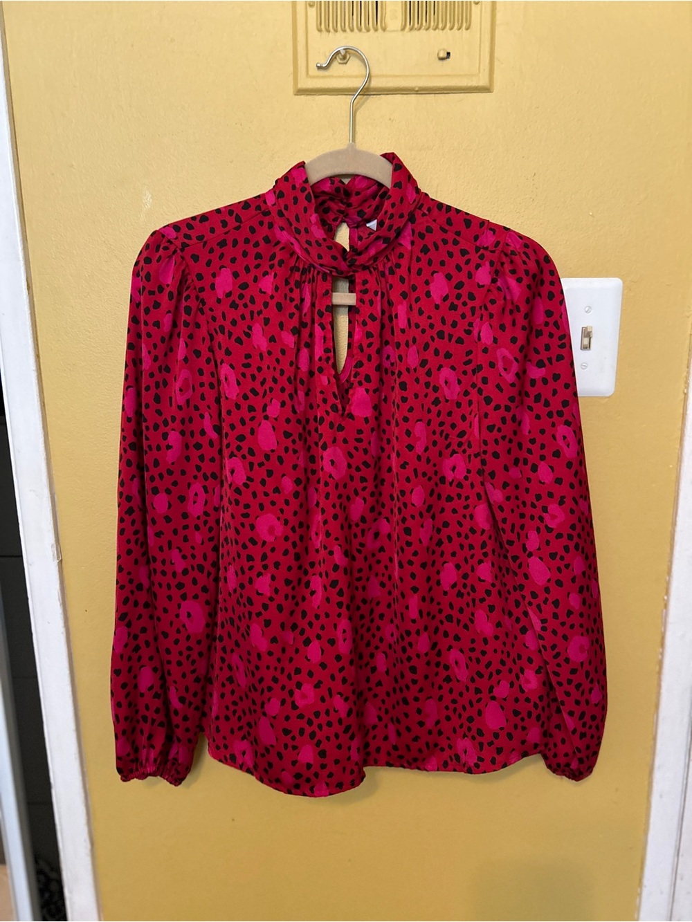 Nine West Women’s Fuchsia Tie-Neck Blouse with Black Spot Print